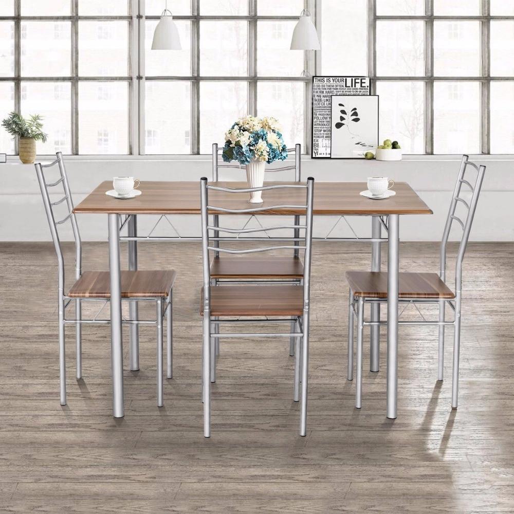 Goplus 5 Pieces Dining Table Set 1 Wooden Dining Table with 4 Dinig Chairs Metal Modern Kitchen Breakfast Furniture HW55389NA